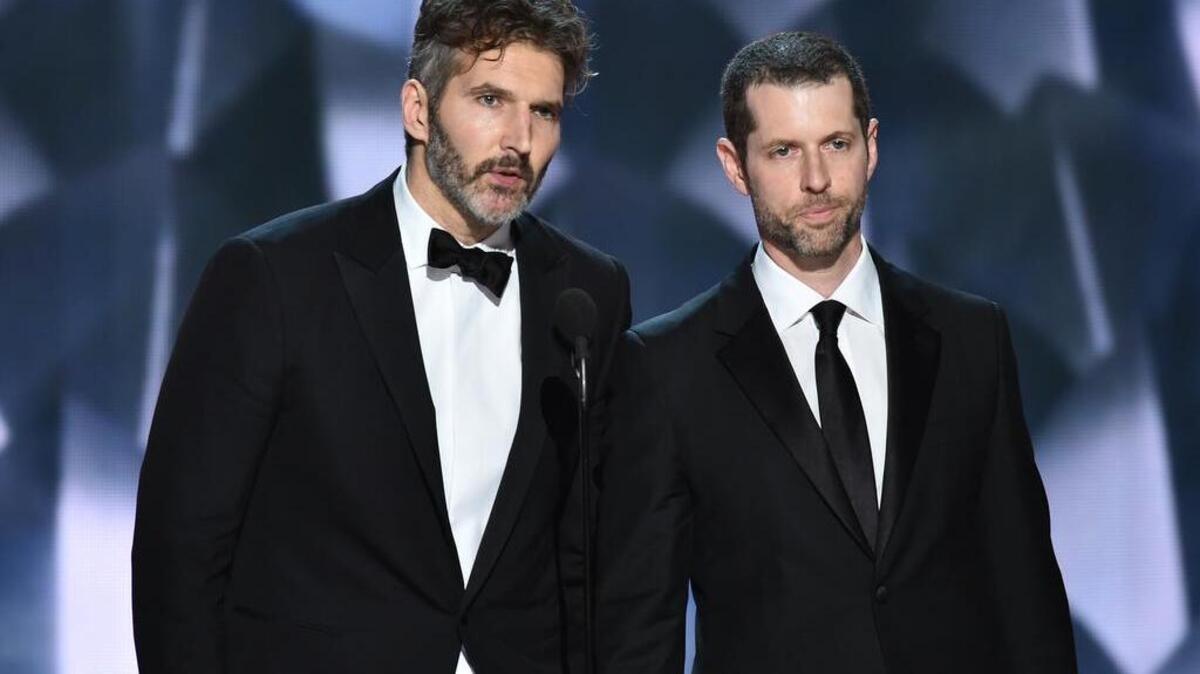 David Benioff, left, and D.B Weiss accept the award for outstanding writing for a drama series for “Game of Thrones” at the 68th Primetime Emmy Awards on Sunday, Sept. 18, 2016, at the Microsoft Theater in Los Angeles.
