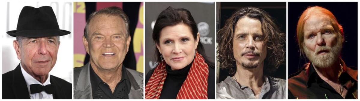Leonard Cohen, left, Glen Campbell, Carrie Fisher, Chris Cornell and Gregg Allman are among the deceased nominees for various Grammy Awards.