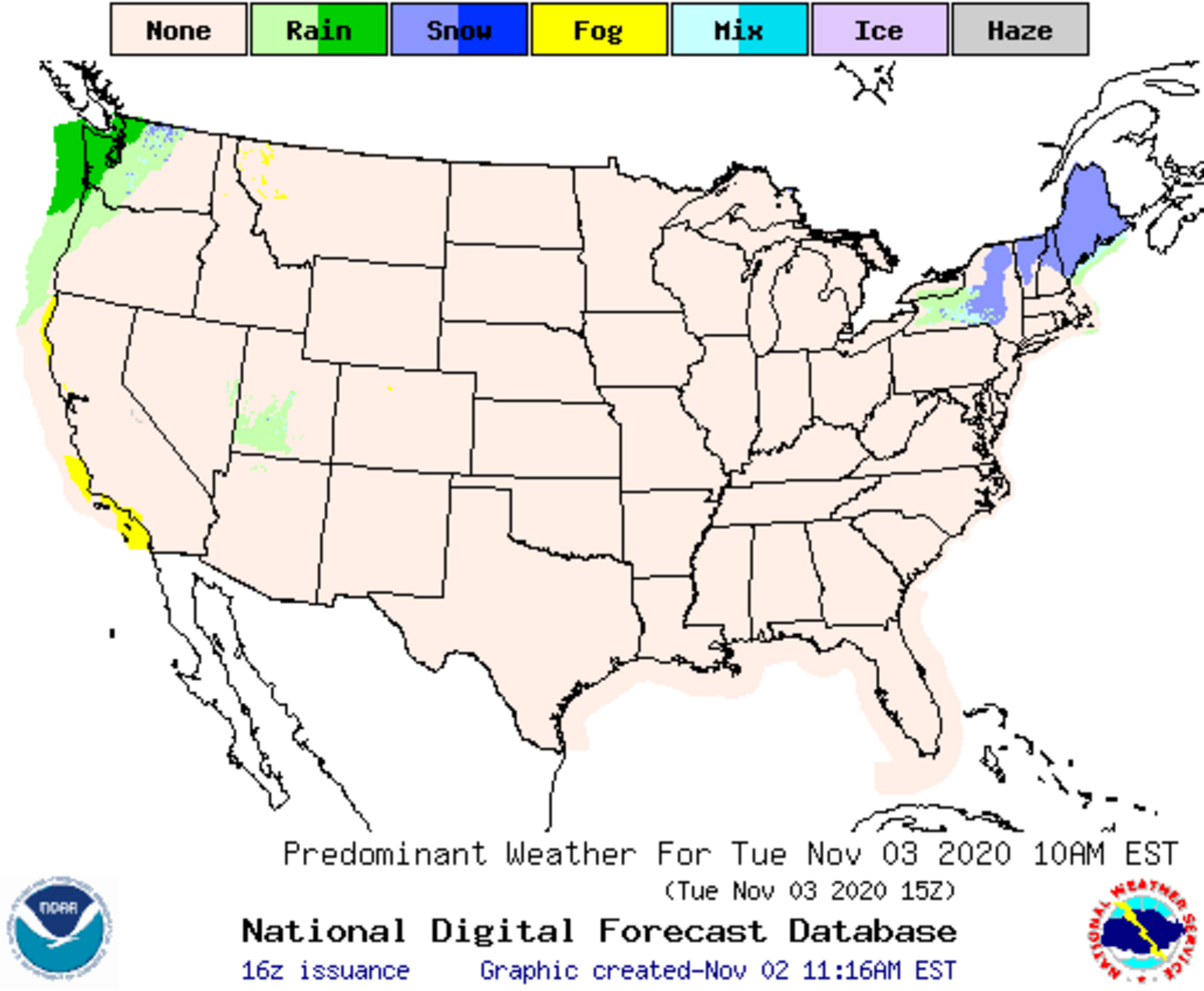 The forecast for much of the U.S. on Election Day 2020 is relatively clear, with the exception of rain in the Pacific Northwest and some snow in the Northeast.