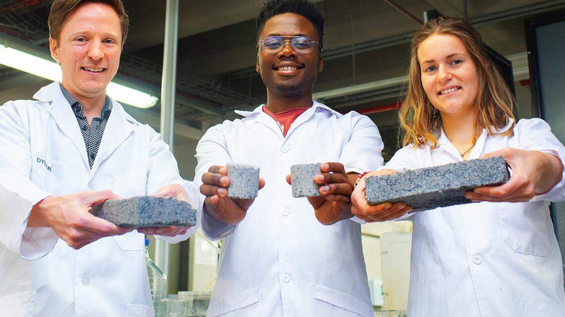 University of Cape Town researchers, including Dr. Dyllon Randall and students Vukheta Mukhari and Suzanne Lambert, from left to right, have created “bio-bricks” from human urine, loose sand and bacteria, they said in a news release.