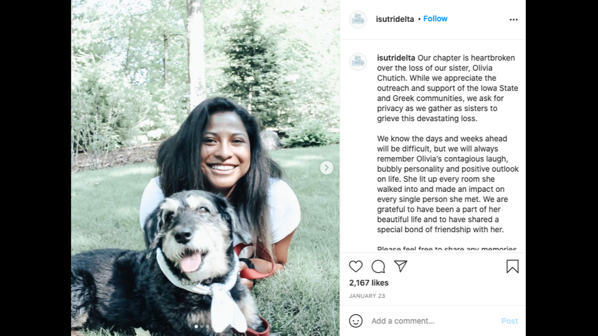 Olivia Chutich, the daughter of a Minnesota Supreme Court justice, died at an Iowa State University sorority house of alcohol and hypothermia, an autopsy says. Screengrab from isutridelta on Instagram.