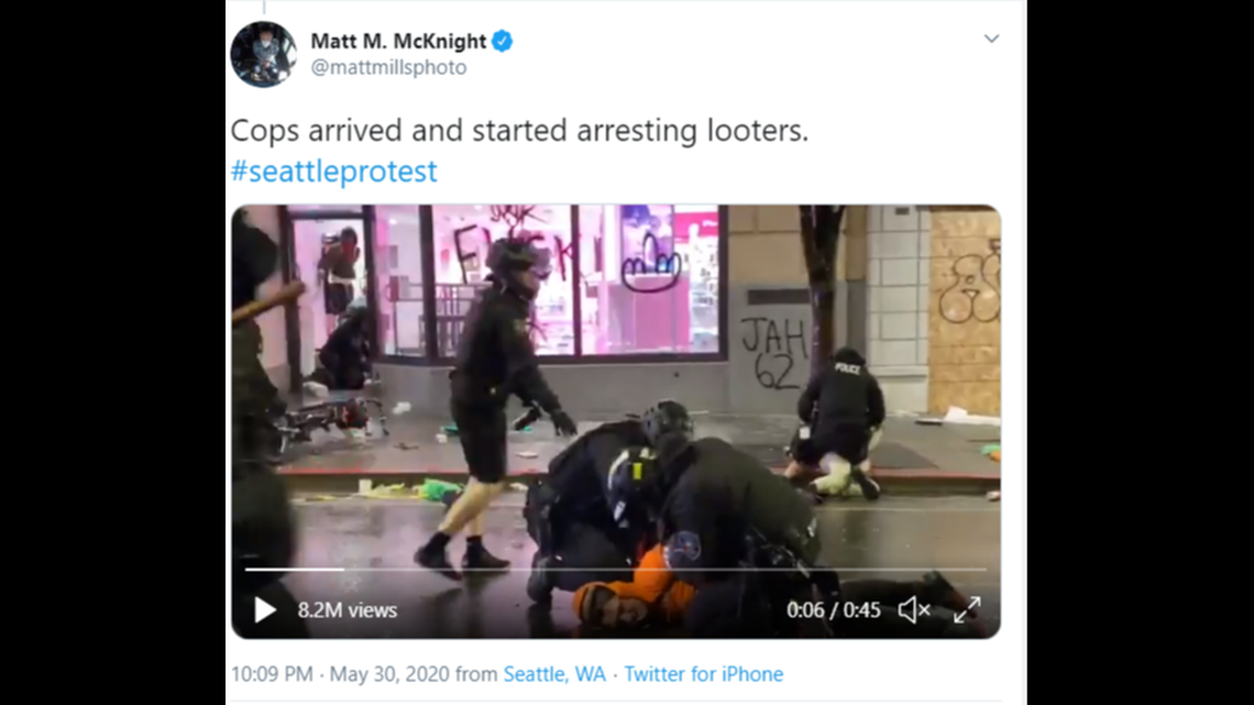 A Seattle Police officer was caught on video kneeling on a man’s neck while arresting him in downtown Seattle during the George Floyd protests.