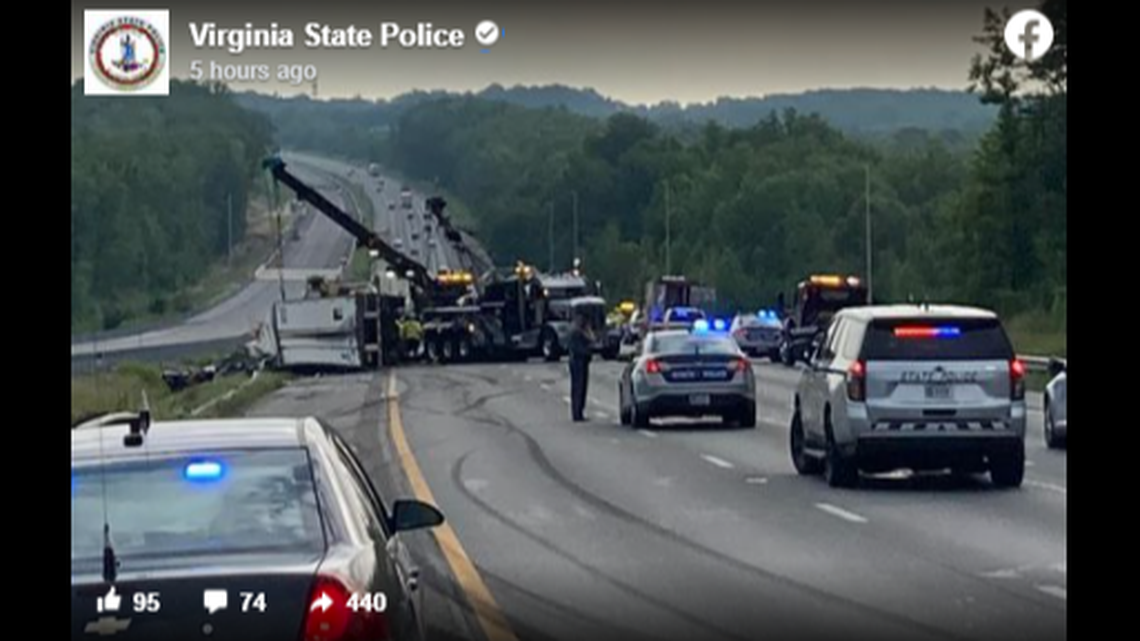 Northbound lanes were completely stopped for nearly five hours after a tractor-trailer overturned on other vehicles.