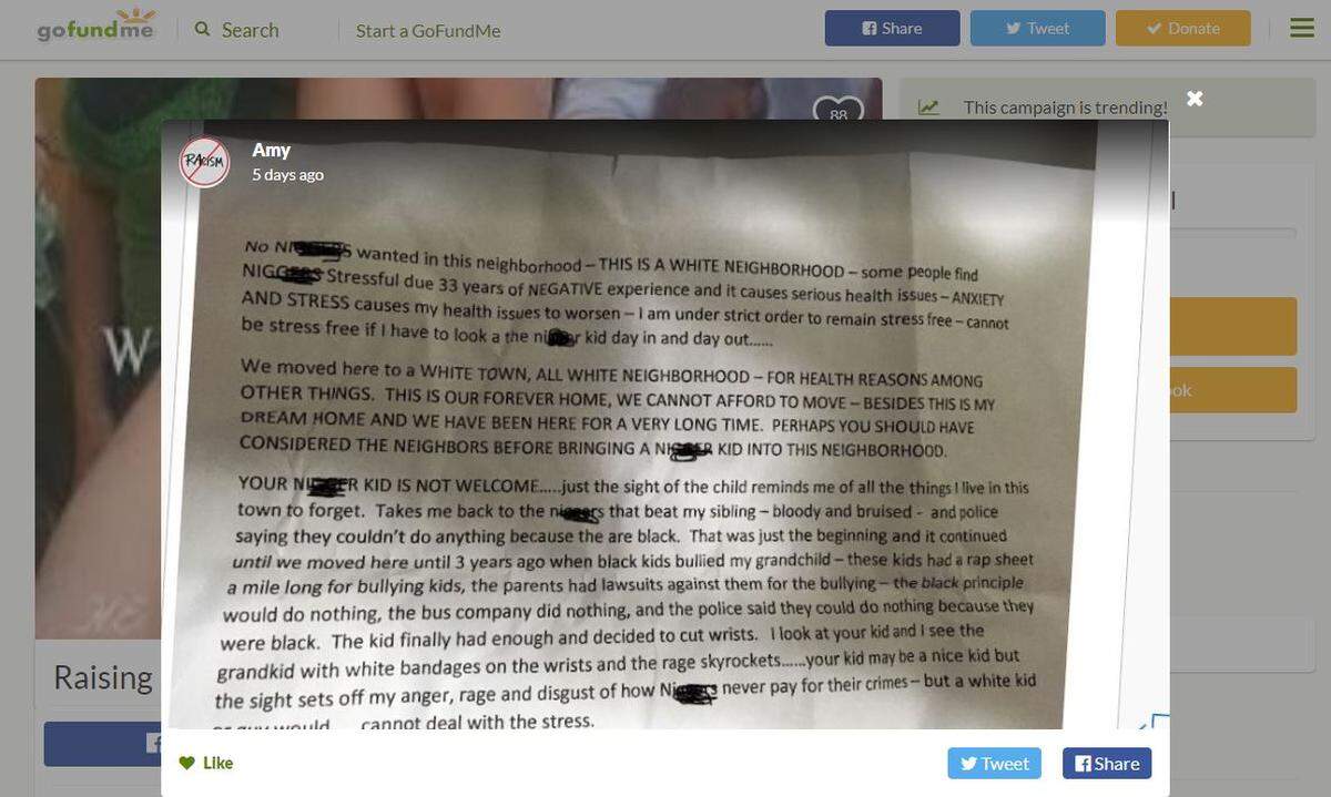This is part of the letter that was taped to the family’s front door, according to a GoFundMe campaign in their name.