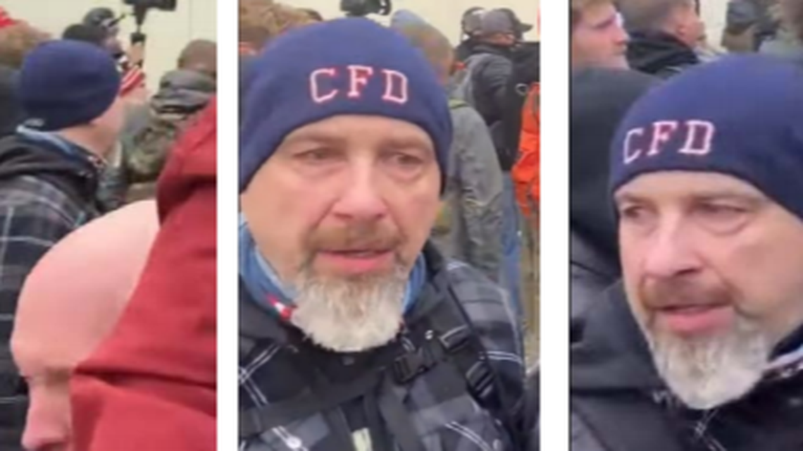 The FBI identified a man seen throwing a fire extinguisher at Capitol police as retired Chester, Pennsylvania, Fire Department firefighter Robert Sanford, documents say. Screengrab from FBI.