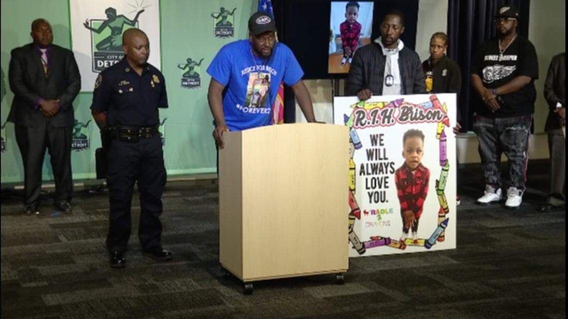 Brian Christian, whose 2-year-old son Brison was killed in a Detroit, Michigan, freeway shooting, speaks at a news conference. Screengrab from WJBK.