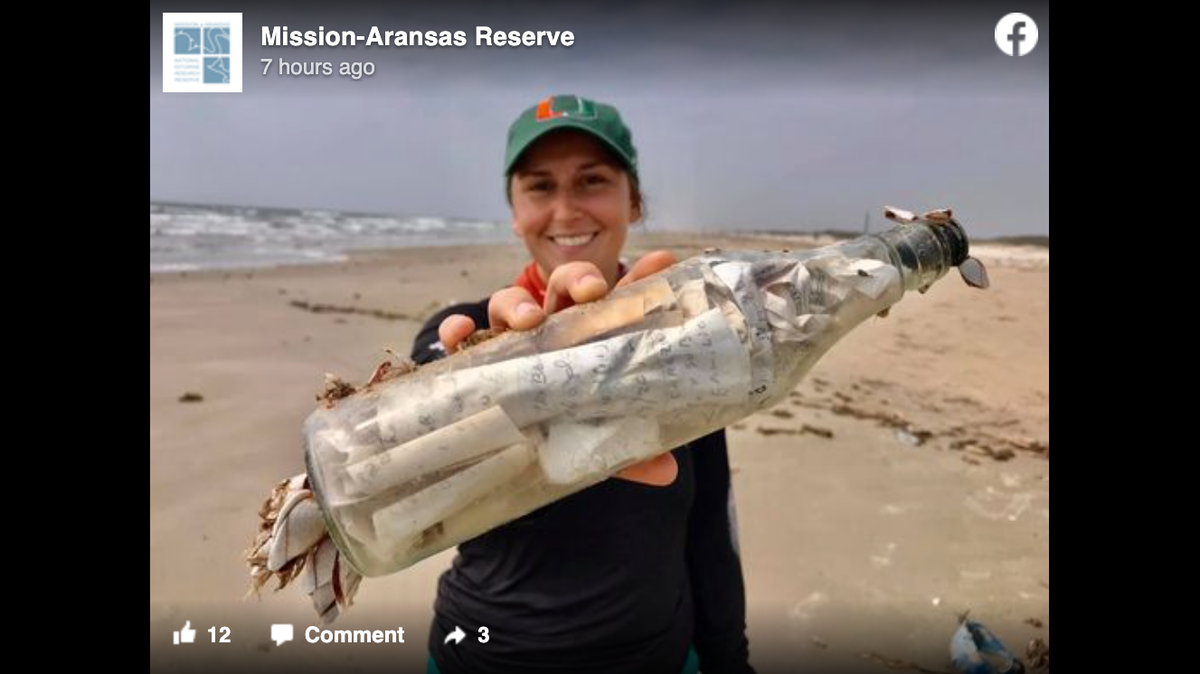 A message in a bottle likely from Cuba washed ashore near Port Aransas, Texas, officials say. Screengrab from Mission-Aransas Reserve on Facebook.