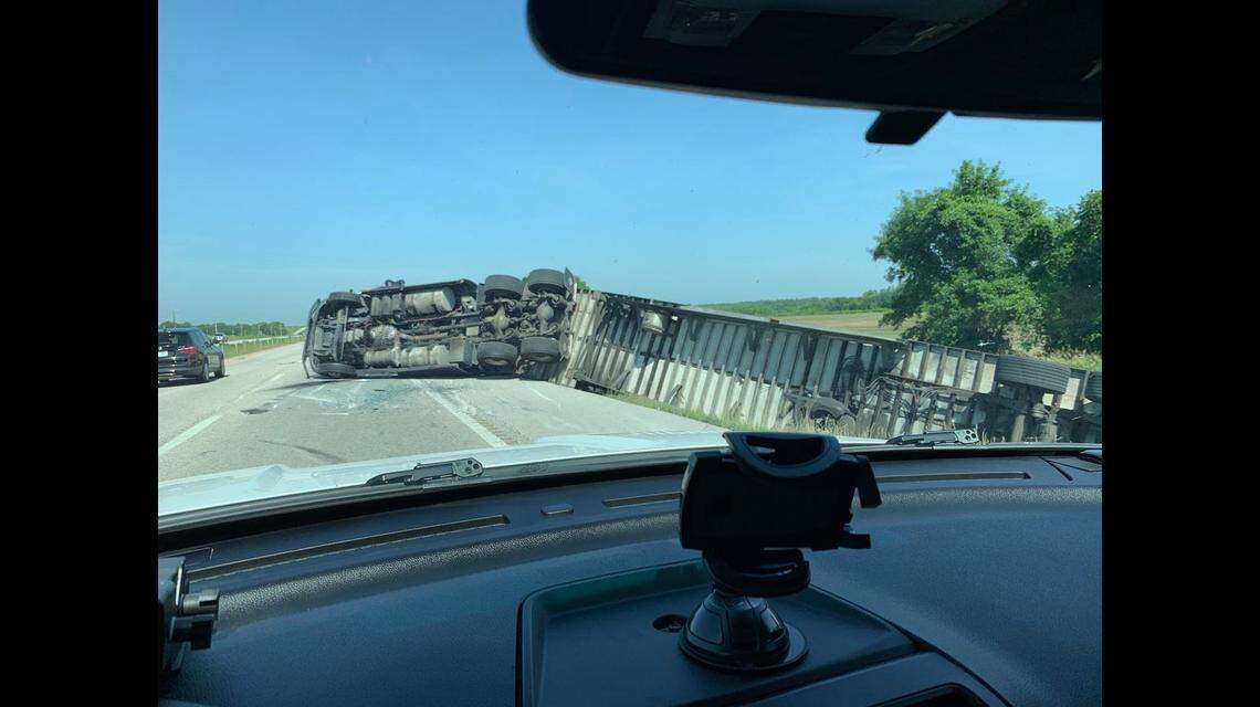 A semitrailer dumped a truckload of Hot Pockets along Interstate 70 in Saline County, Missouri on Thursday. Photo from Missouri State Highway Patrol.