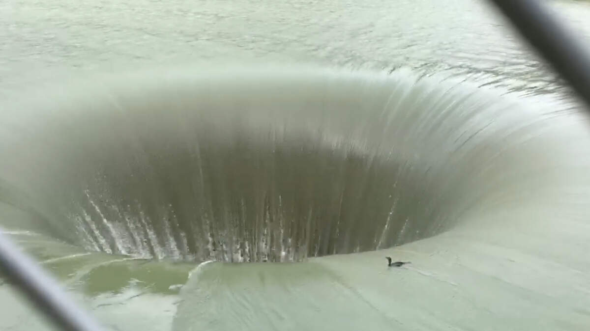 Lake Berryessa’s glory hole spillway in Napa carries water down an 18-story shaft when reservoir levels rise — and this video posted to Facebook caught a bird slipping into it after recent heavy rain storms.