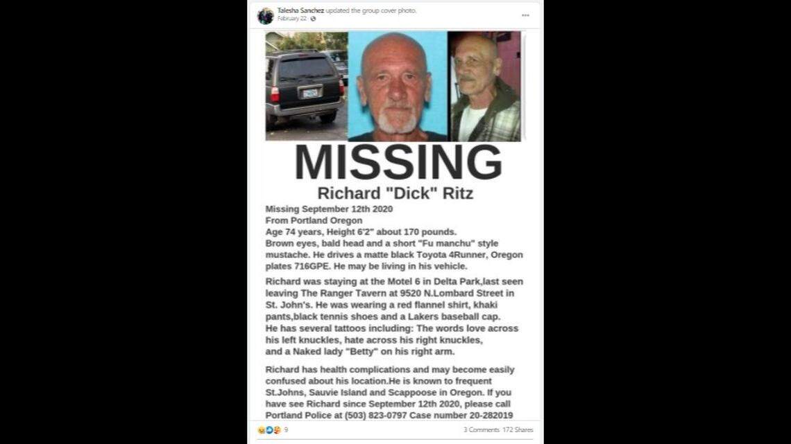 74-year-old Richard Ritz went missing in September 2020 and Oregon police considered him to be endangered. His body was found in the Willamette River June 3, 2021.
