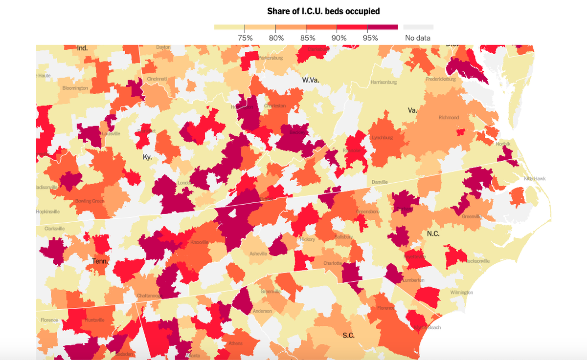 The share of occupied ICU beds is at or nearing 100% capacity in multiple North Carolina counties, according to an analysis of new U.S. Department of Health and Human Services data by The New York Times