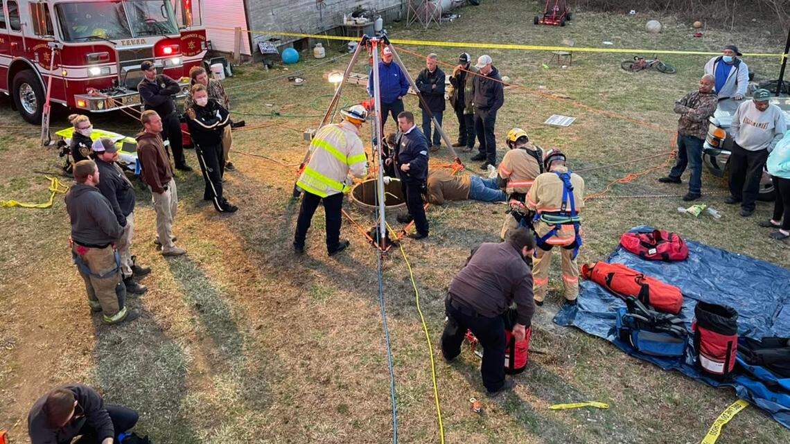 Fire and rescue crews worked to save a juvenile victim who fell 30 feet down a well in rural northeast Virginia on Sunday, Feb. 27, 2022.