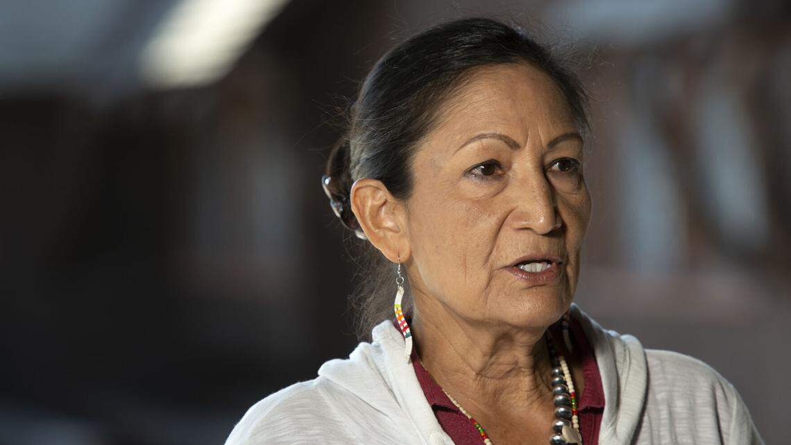 Secretary of the Interior Deb Haaland speaks at a news conference in Yellowstone National Park on Friday, July 8, 2022. The Department of the Interior released a list of over 600 new geographic names on September 8, 2022. (Rachel Leathe/Bozeman Daily Chronicle via AP, File)