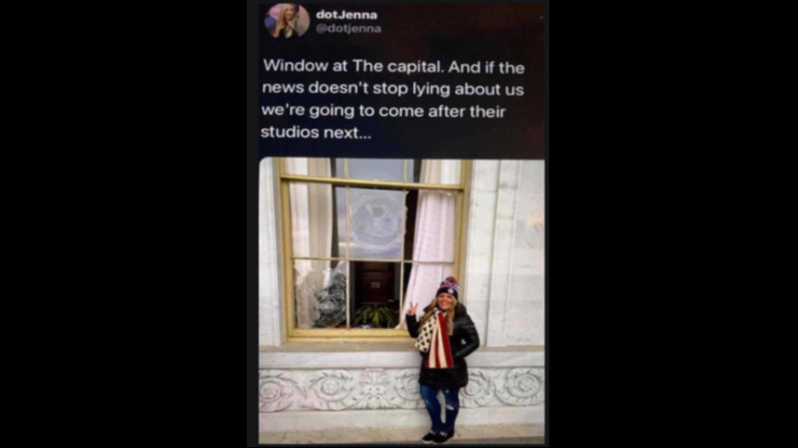 Jenna Ryan was charged after she posed in front of a shattered Capitol building window, authorities say. Screengrab from FBI.