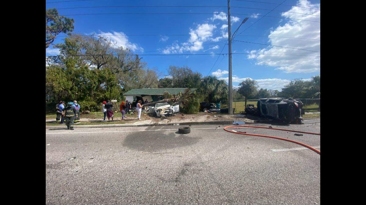 Two speeding cars destroyed a home and its front yard when they crashed into it, Florida police said.