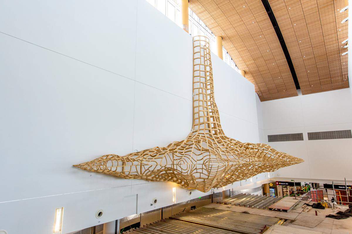 The immersive art Boundary welcomes every traveler as they ascend from the satellite train level in Sea-Tac International Airport. Hanging 40 feet high, extending 25 feet off the wall, and stretching 85 feet across (about the wingspan of a Boeing 737), this sculpture is a life-sized version of the expanding root structure of an old-growth Western Red Cedar.