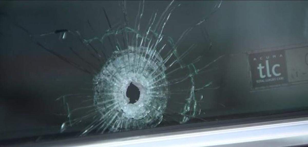 This is the bullet hole through a victim’s driver’s side window in the road rage shooting in Katy, Texas that occurred on March 7, 2018.