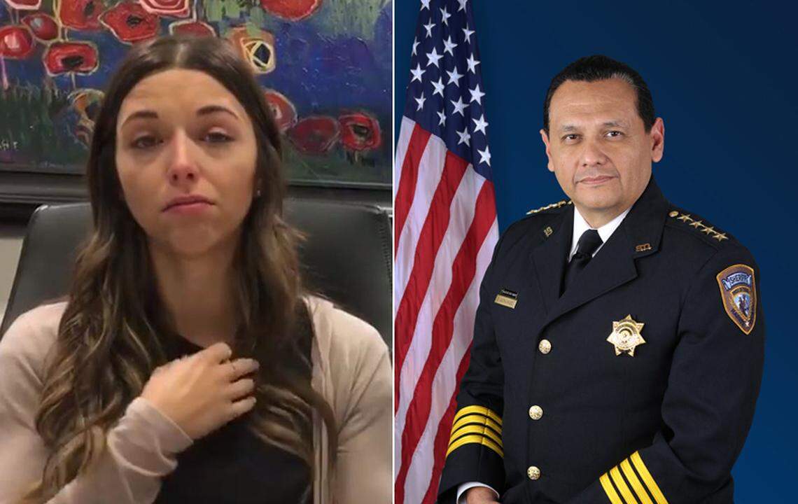 Emma Lopez-Pound, left, during a recent television interview; Harris County Sheriff Ed Gonzales, one of five defendants in Lopez-Pound's civil rights lawsuit.