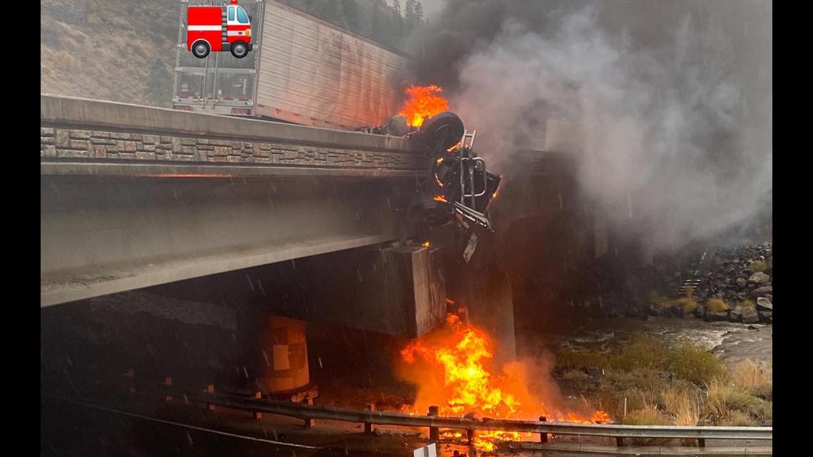 A semi-truck ran into a bridge wall and caught on fire, California Highway Patrol said.