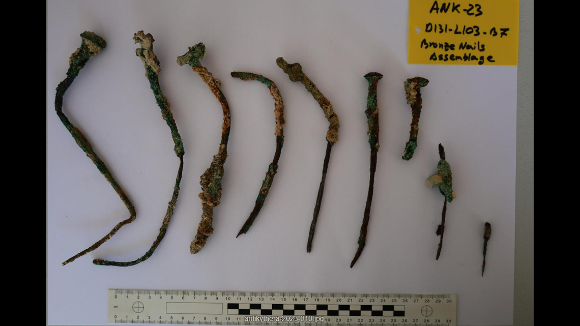 A collection of bronze nails discovered in the wreck.