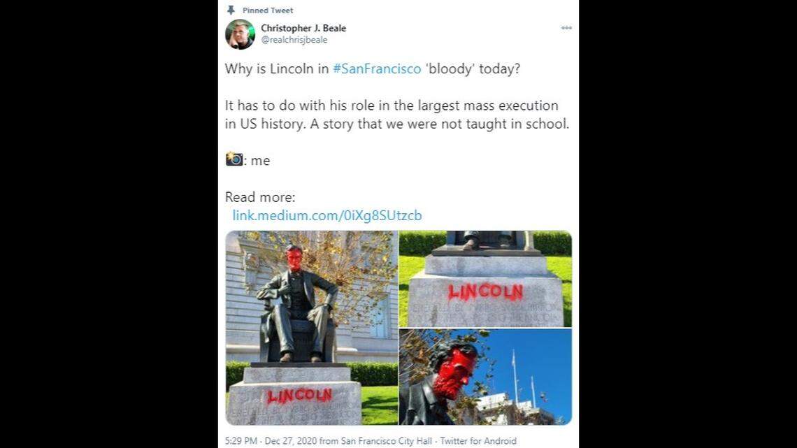Christopher Beale, a journalist based in San Francisco, posted this photo along with a blog about Lincoln’s history on Medium after the San Francisco City Hall’s statue was vandalized Dec. 26.