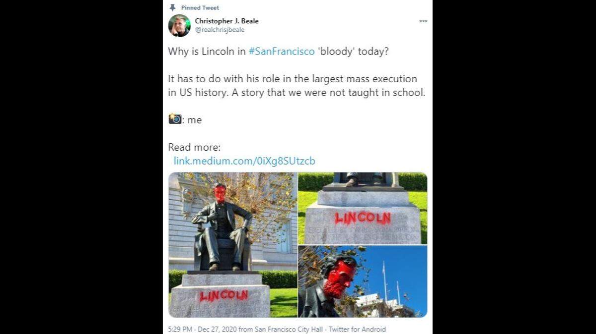 Christopher Beale, a journalist based in San Francisco, posted this photo along with a blog about Lincoln’s history on Medium after the San Francisco City Hall’s statue was vandalized Dec. 26.