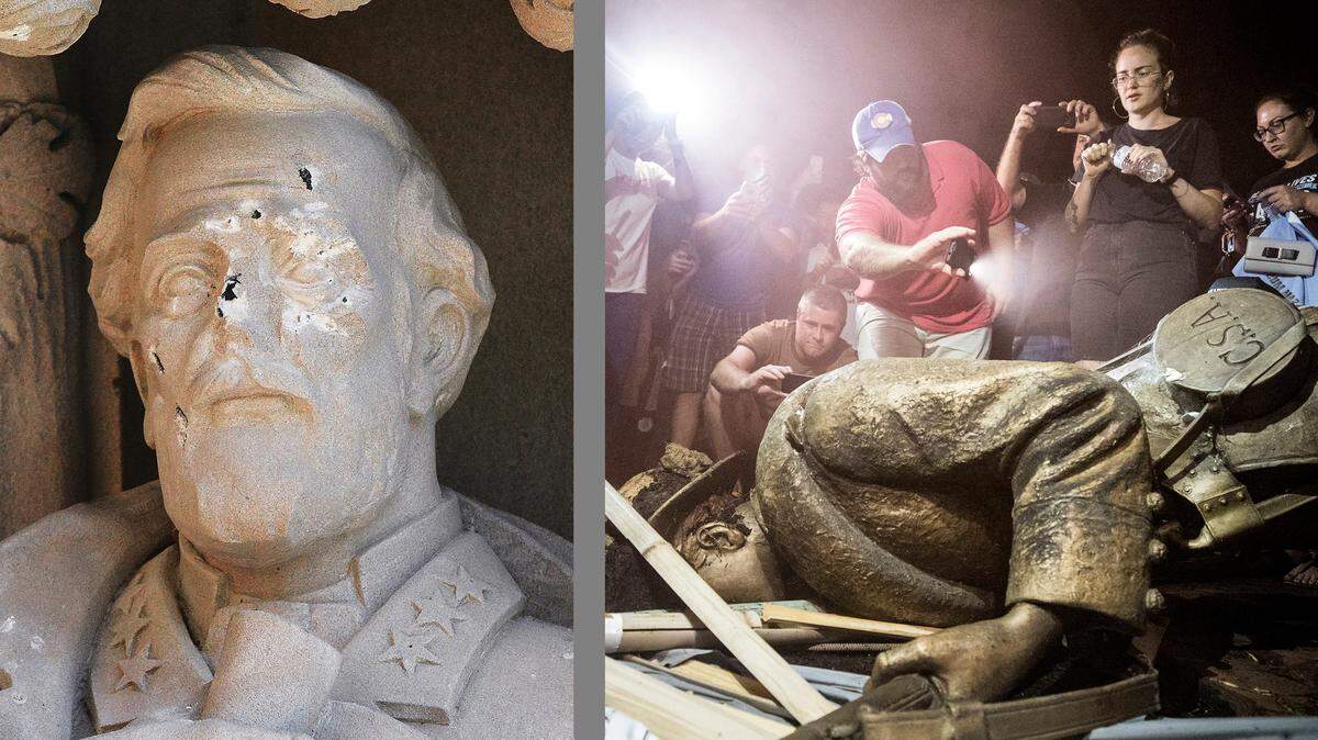 LEFT: Pockmarks pepper the face of Confederal Gen. Robert E. Lee, who stands among other historical figures in the portal to Duke Chapel on the Duke University campus in Durham, N.C., on March 21, 2017. (Bernard Thomas/The Herald-Sun). RIGHT: Demonstrators and spectators gather around a toppled Confederate statue known as Silent Sam Monday, Aug. 20, 2018 at UNC-Chapel Hill, N.C. (Julia Wall/Raleigh News & Observer)