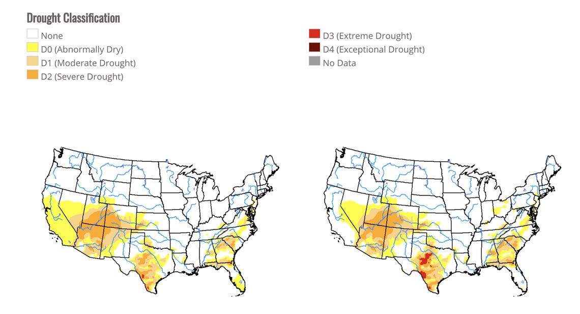 The map on the left shows dry and drought conditions spreading in California as of Nov. 12, 2019, while the map on the right shows drought conditions across the country just a week earlier, on Nov. 5, 2019