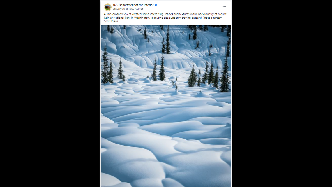 A “rain-on-snow event” at Mount Rainier National Park in Washington caused the snow to form an interesting texture like frosting or a cartoon, photo shows.