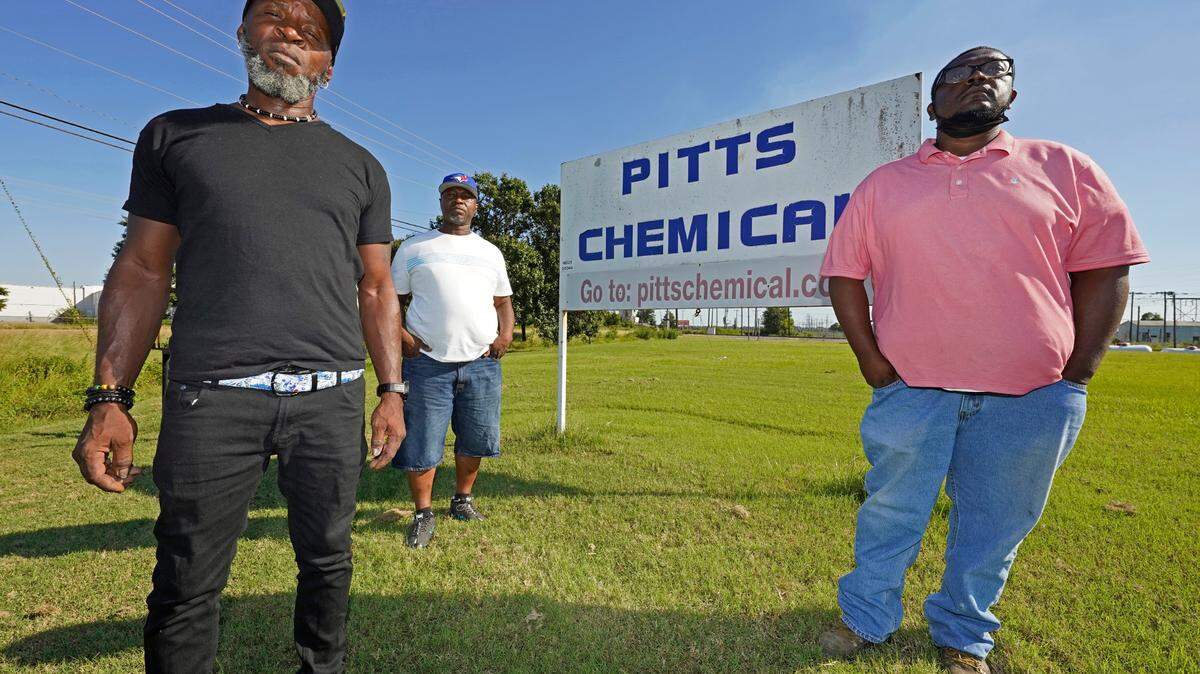 Richard Strong, 50, left, his brother Gregory Strong, 48, center and Stacy Griffin, 42, are among six Black farmworkers in Mississippi who say in a new lawsuit that their former employer, Pitts Farm Partnership, has brought white laborers from South Africa to do the same jobs they were doing, and that the farm has been violating federal law by paying the white immigrants significantly more for the same type of work, Thursday, Sept. 9, 2021, in Indianola, Miss. (AP Photo/Rogelio V. Solis)