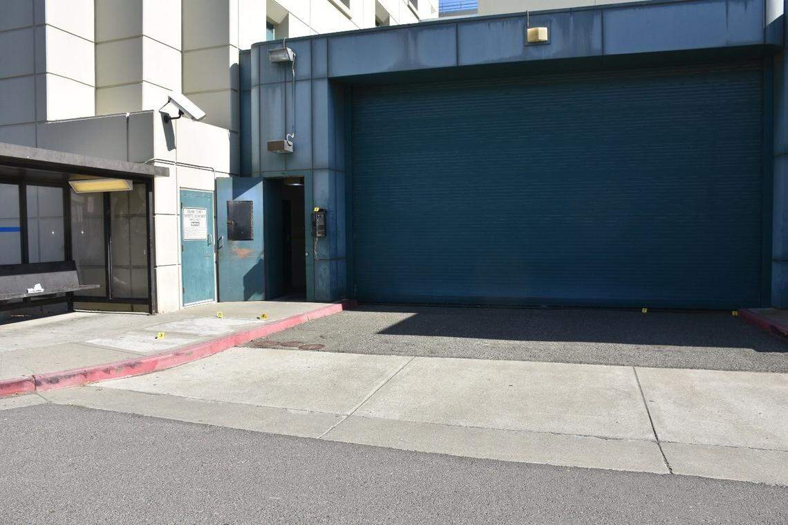 The outside of the jail and the landline phone that was destroyed.