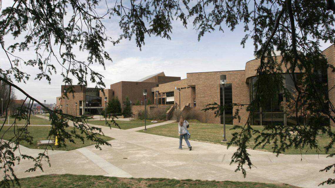A student walks to class on the campus of Shawnee State University, on March 16, 2006 in Portsmouth, Ohio. Shawnee State University agreed with a professor Nick Meriwether’s right to choose when to use pronouns when referring to students after a three-year lawsuit.
