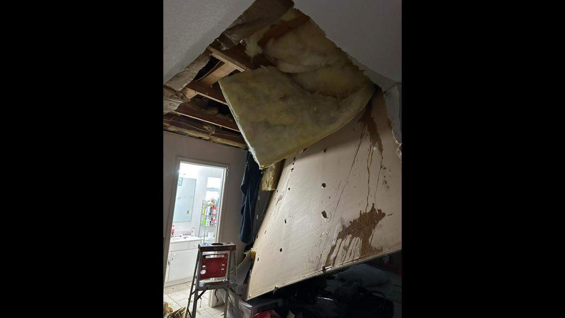 A fugitive crashed through the ceiling after hiding from detectives in an attic for two hours, Florida police said.
