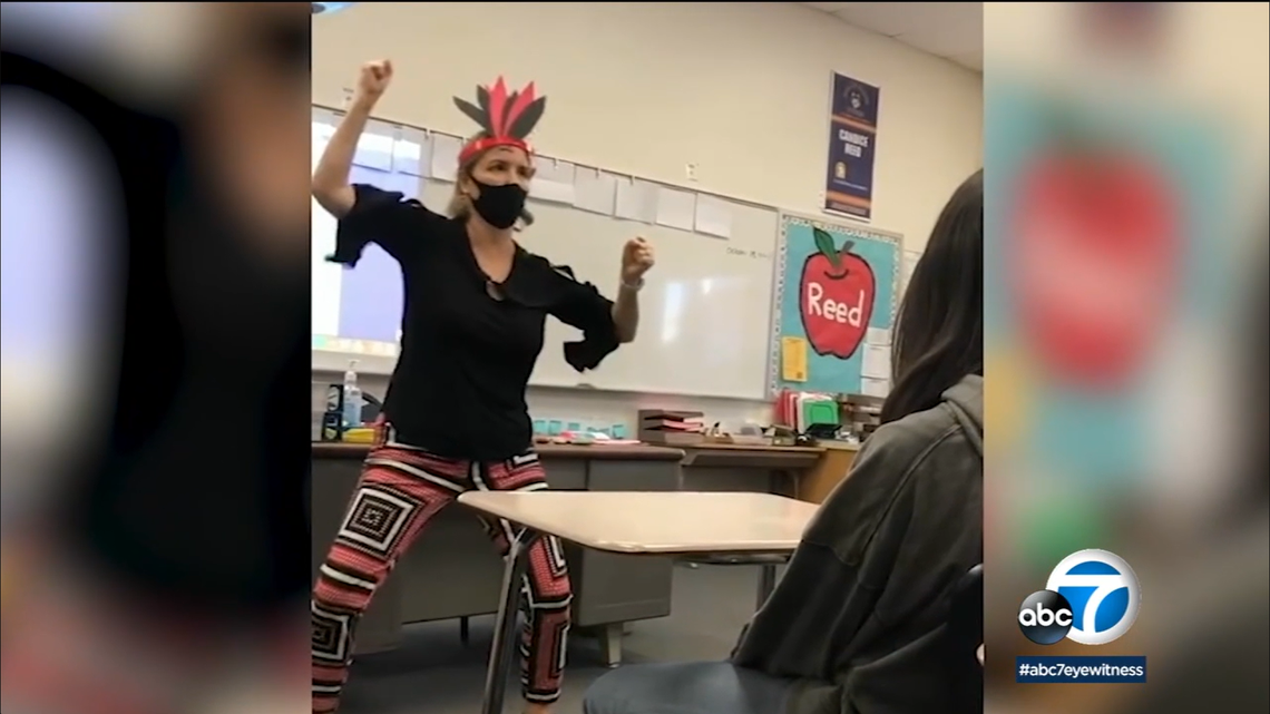 A California teacher was placed on leave after a video of her mimicking Native American stereotypes during a math class went viral.