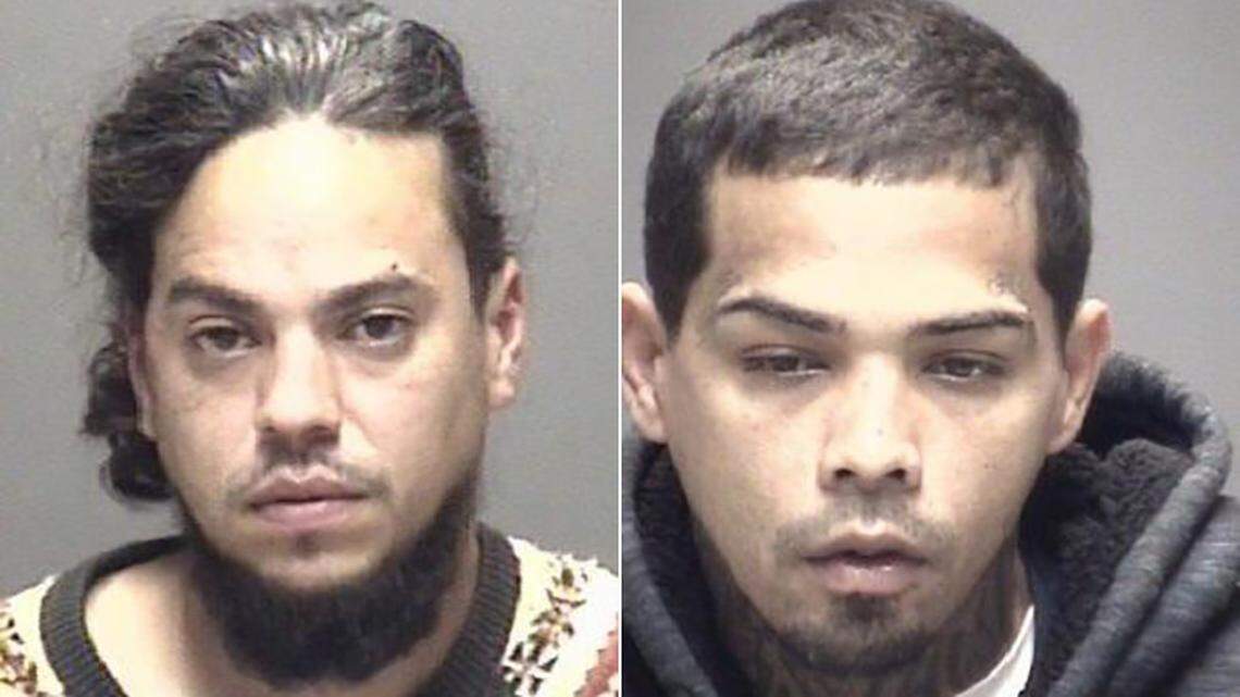 Jose Lugo, left, and Luis Jimenez are charged with aggravated robbery in Texas City after police say they showed up to a couple’s home in clown masks with a machete.