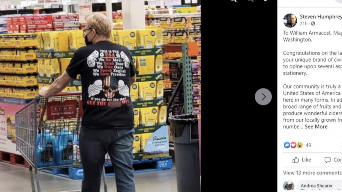 The mayor of Sequim has gotten a lot of attention online after a photo of him wearing an “exclusionary” T-shirt at Costco circulated on social media.