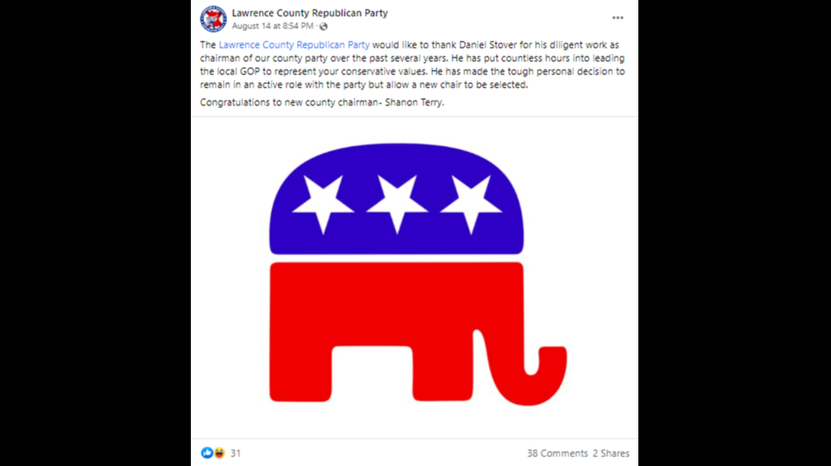 An elephant with KKK imagery was shared on the Lawrence County, Alabama, GOP Facebook page temporarily before being replaced with the above image. The page has since been deactivated.