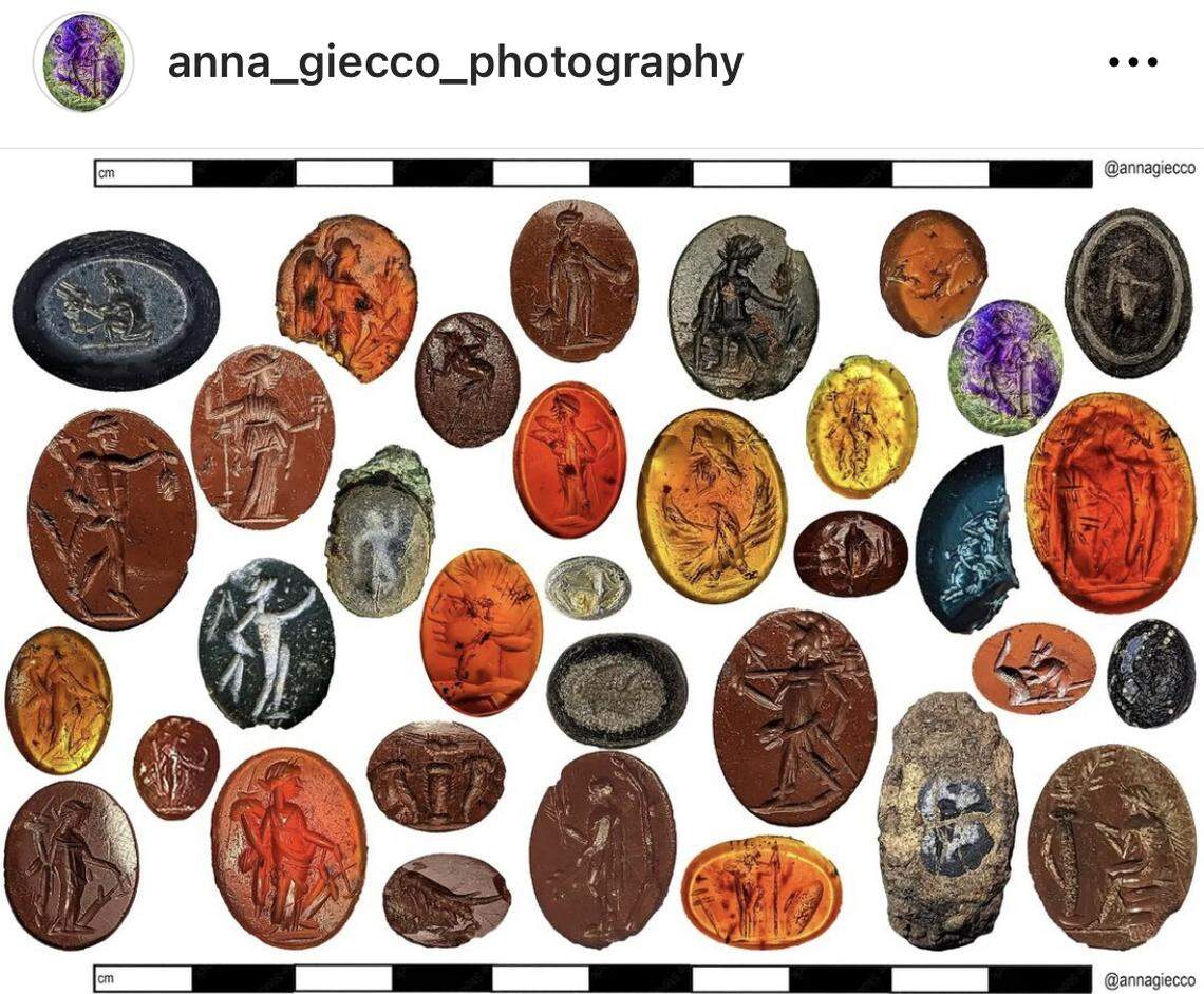 All of the unearthed gemstones, which vary in size and color, are shown here.