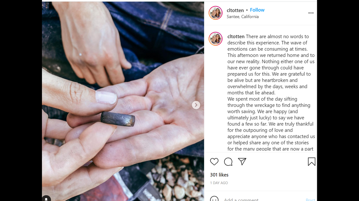 Cody and Courtney Campbell salvaged a wedding ring from their home in Santee, California after it was destroyed by a plane crash.
