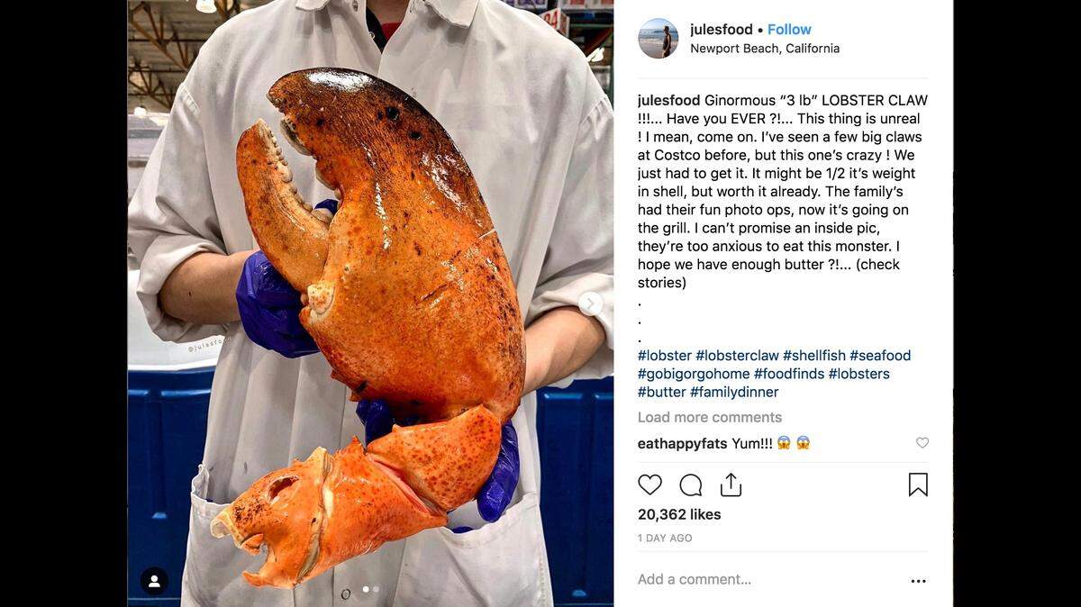 Northern and Southern California seafood fans say they’re buying giant lobster claws sold at Costco stores, and photos on Instagram and Reddit suggest each claw is much larger than a human hand.