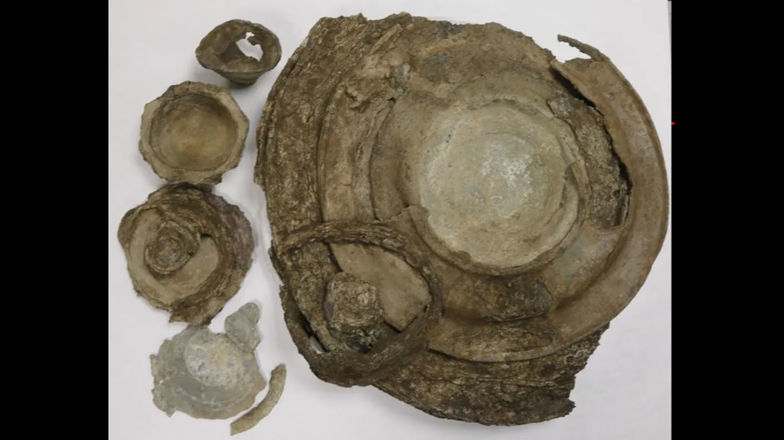 The pieces were made of pewter, a metal alloy created by the Romans and used for dinnerware, officials said.