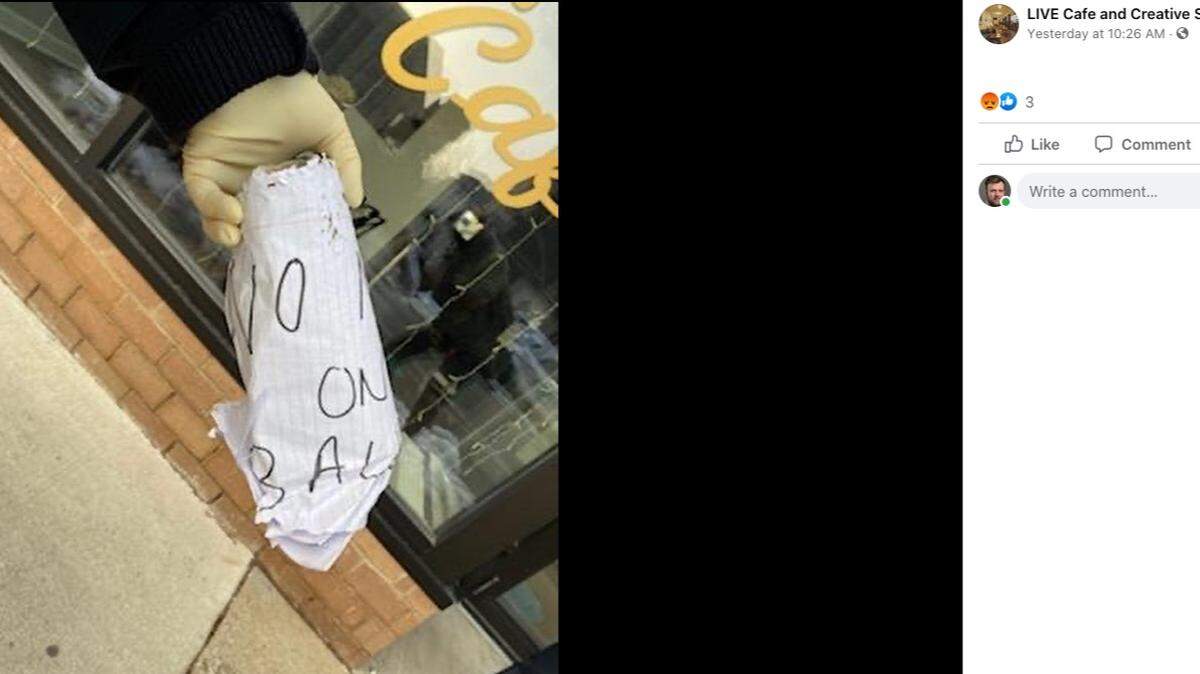 Oak Park, Illinois, police are investigating a brick wrapped in paper with a note that included a racial slur discovered at Live Cafe, a Black-owned business. Screengrab from Live Cafe and Creative Space on Facebook.