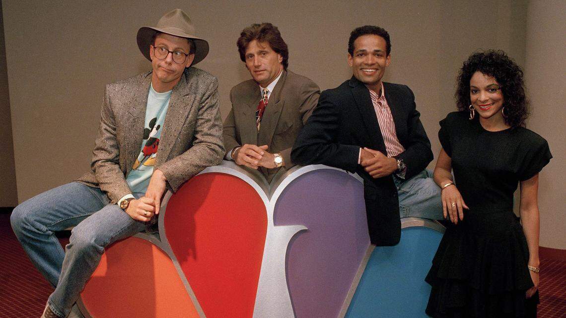 Harry Anderson, left, was among the stars posing for photographers after a press conference in New York announcing NBC-TV's prime time line-up for Fall 1988, shown May 19, 1988. Also pictured were, from left: Joe Cortese of "Something Out There"; Mario Van Peebles of "Sonny Spoon" and Jasmine Guy of "A Different World."