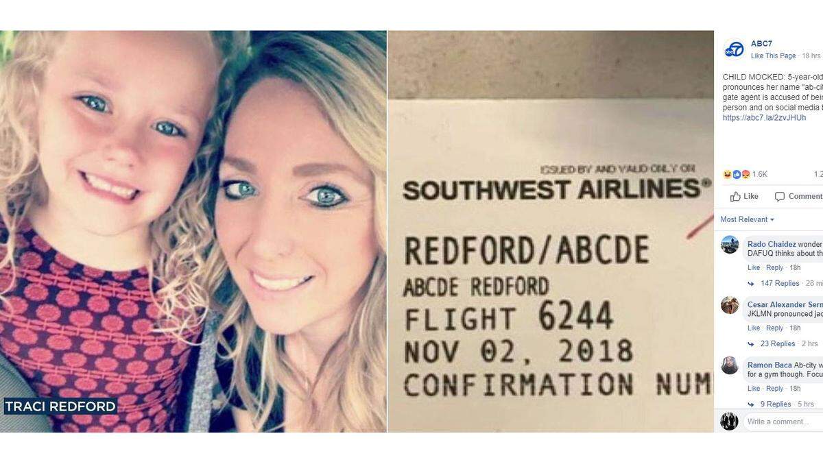 Traci Redford says a Southwest Airlines gate attendant at Orange County’s John Wayne Airport mocked her 5-year-old daughter’s name, Abcde. Southwest has issued an apology