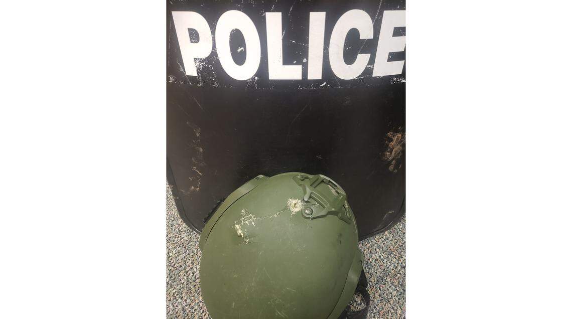 The ballistic helmet worn by the Boone Police Officer during a rescue attempt of Watauga County Sheriff Deputy Logan Fox and Sgt. Chris Ward. Fox and Ward were killed in the line of duty on Aug. 28, 2021.