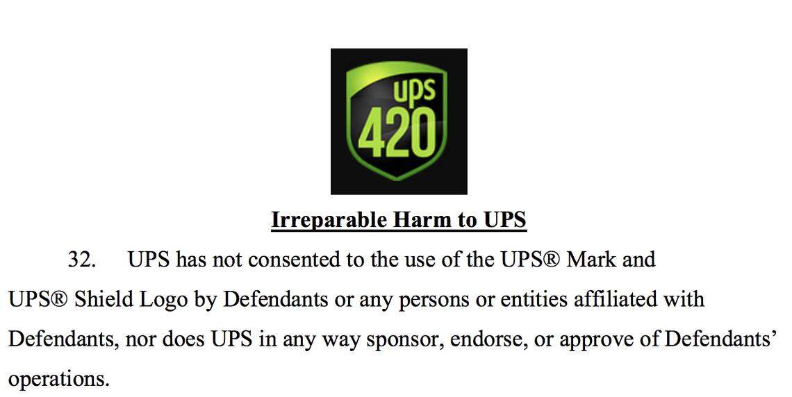 UPS wrote in its lawsuit that “the website UPS420.com prominently displays the [above] logo containing the UPS® Mark and copying the UPS® Shield Logo.”