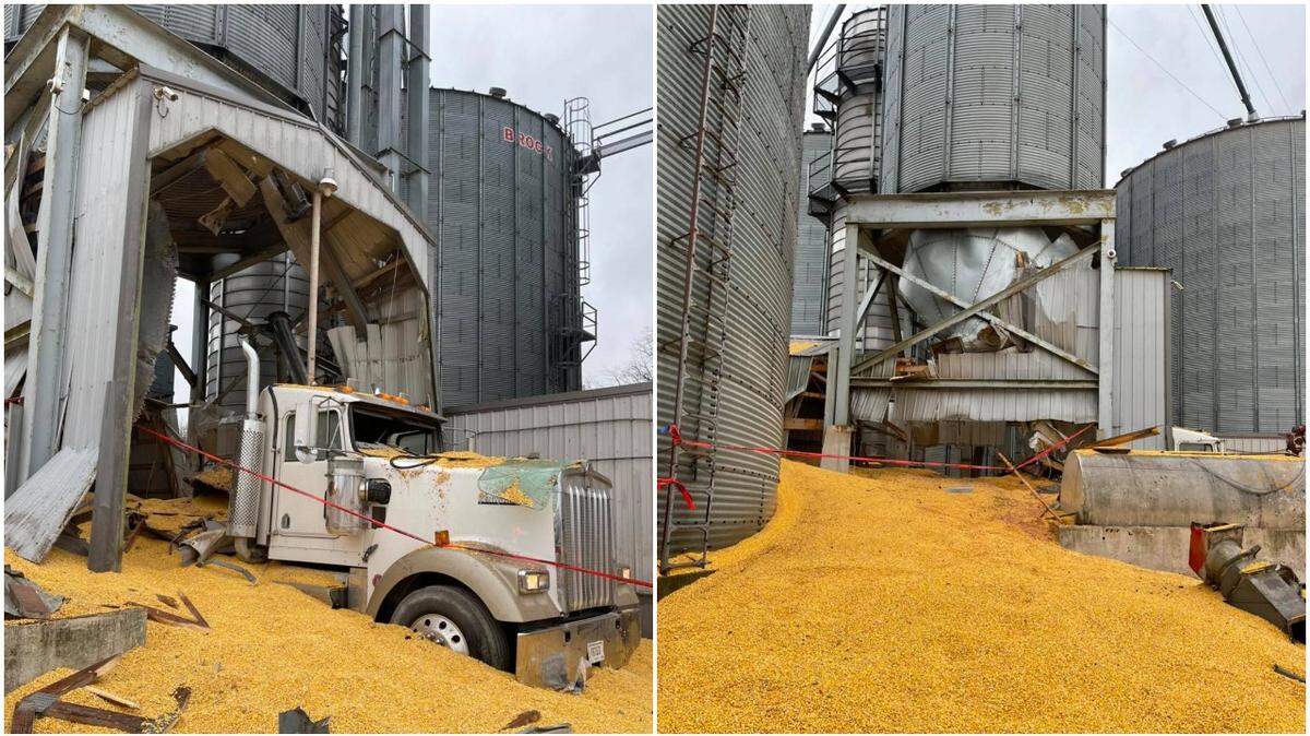 A 27-year-old man driving a truck died in a grain bin collapse after he was trapped under the corn, Indiana officials say. Photo from Madison Township Fire Department on Facebook.