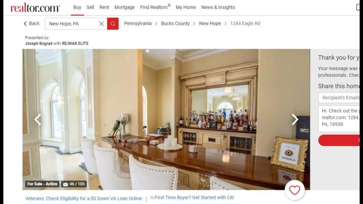A 19,000 square-foot home on the market in New Hope, Pennsylvania has everything a home entertainer could need, including a full bar.