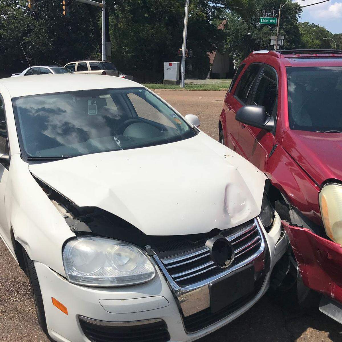 A picture of the aftermath of the crash between Rebecca Boyer’s husband and another driver.