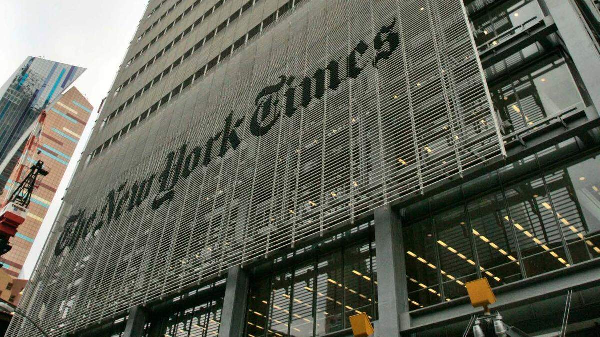 The New York Times building is shown Thursday, June 5, 2008 in New York. A man armed with a sword and an ax was apprehended in the lobby on Nov. 17, according to police. (AP Photo/Frank Franklin II)